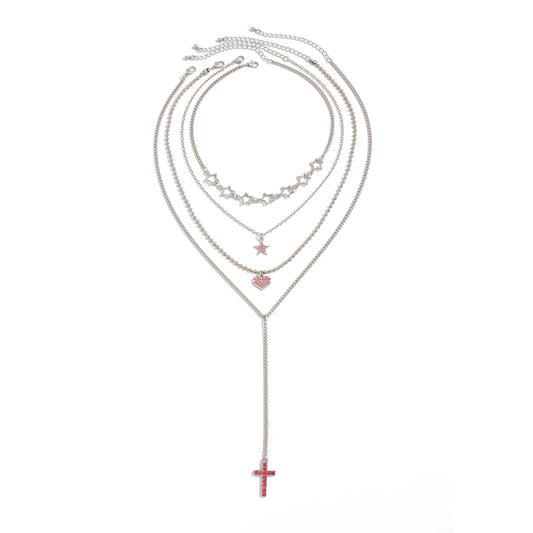 Y2k Spice Girls Pentagram Heart-Shaped Stacked Necklace Retro Cross Pink Zircon Pendant