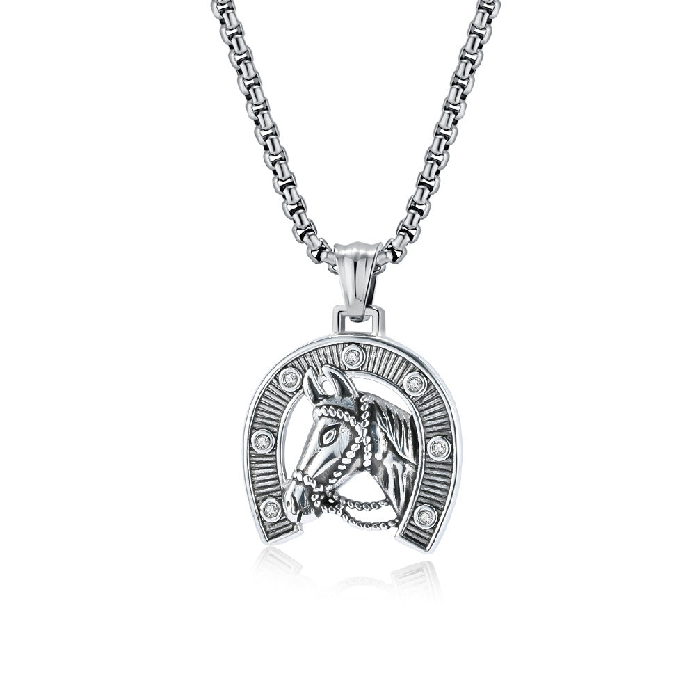Planderful Horseshoe Horse Head Necklace For Men Retro Streetwear Niche Design Pendant Steel