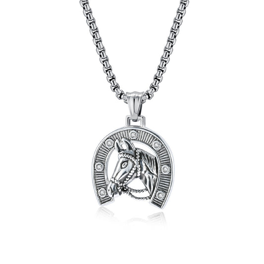 Planderful Titanium Steel Horse Head Pendant Necklace For Men Personalised Retro Horseshoe Hip Hop Jewelry