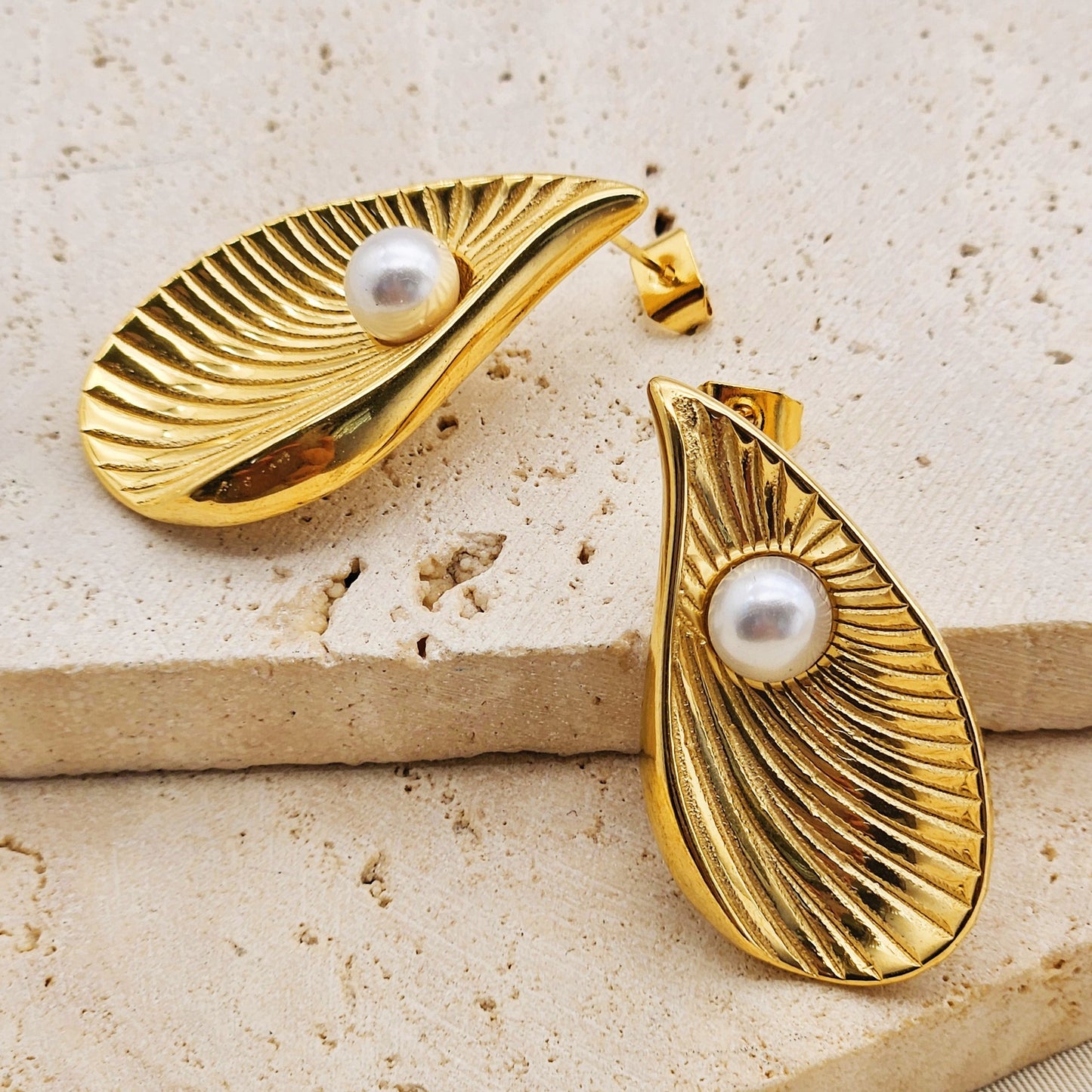 Planderful Everyday Genie Steel Earrings Pearl Ginkgo Biloba Stripe Statement Retro Court Style For Women