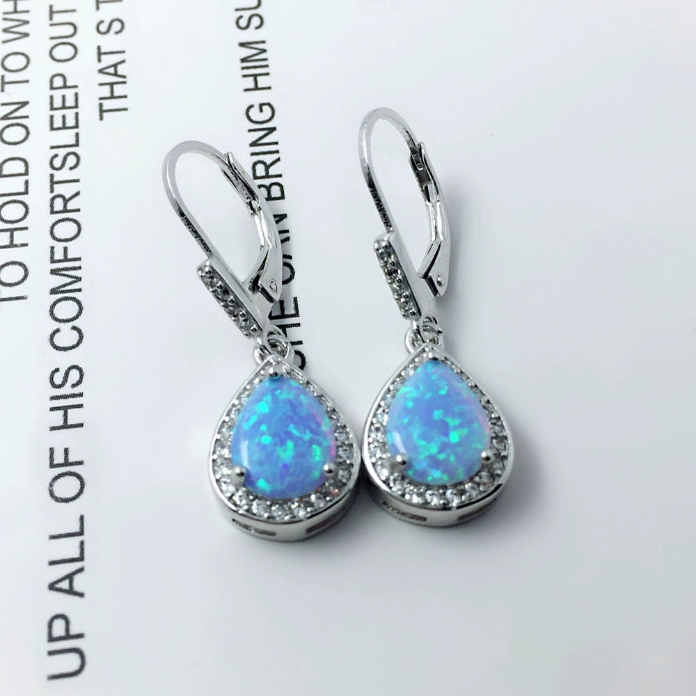 Planderful Jewelry Opal Earrings Blue Drop Sterling Silver With Zircon Halo