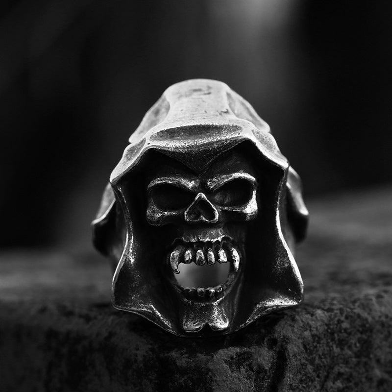 Retro Punk Hip Hop Stainless Steel Ring - European American Grim Reaper Skull Design in Titanium Steel for Men
