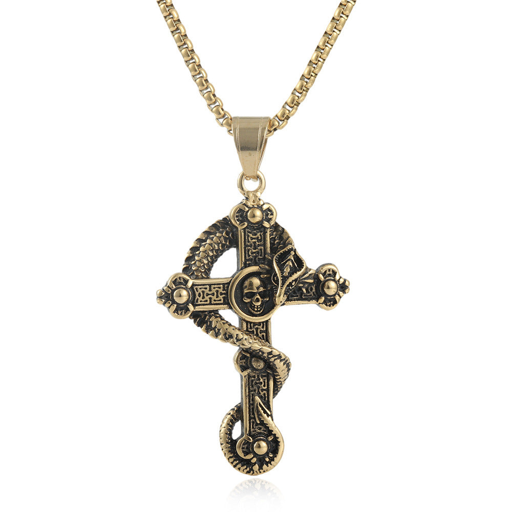 European And American Stainless Steel Skull Pendant Men's Trendy Retro Titanium Steel Cross Necklace