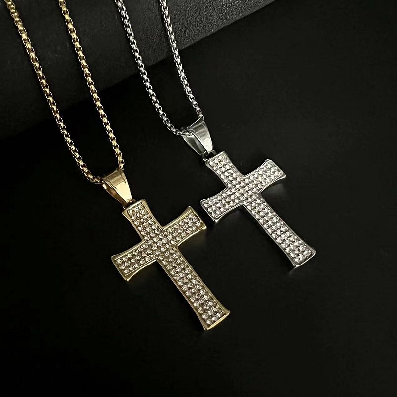 Planderful Everyday Genie Hip Hop Cross Pendant Necklace Titanium Steel Gold Plated Rhinestone For Fans