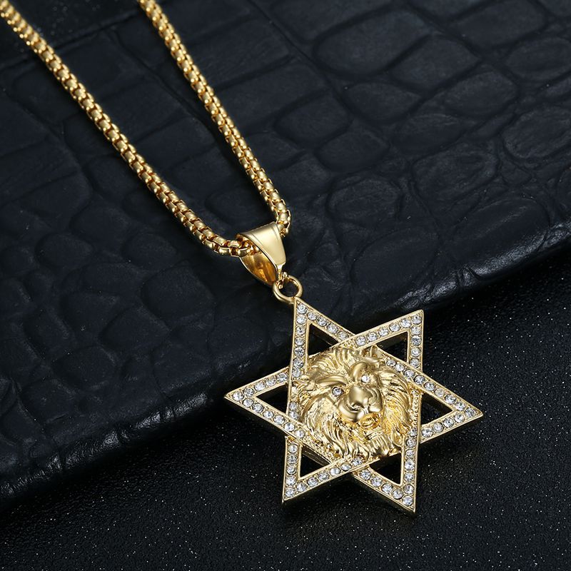 Planderful Everyday Genie Lion Head Hexagram Pendant Necklace Stainless Steel Zircon Unisex Jewelry