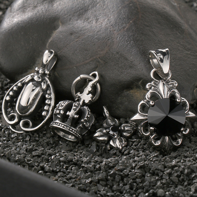 Old Versatile Zircon Cross Flower Sweater Chain, Retro Crown Stainless Steel Men's Pendant. Necklace