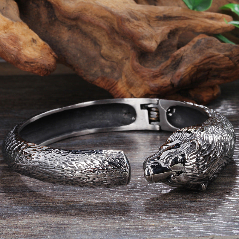 Stainless Steel Dragon Head Open Bracelet – Punk Men's
