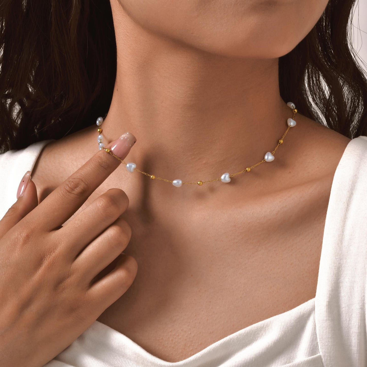 Stainless Steel Round Bead Heart Imitation Pearl Necklace Bracelet Gold Ladies Elegant