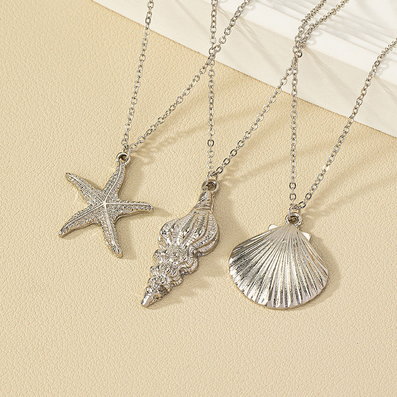 Alloy Starfish and Conch Shell Pendant Necklace - Vienna Verve Collection