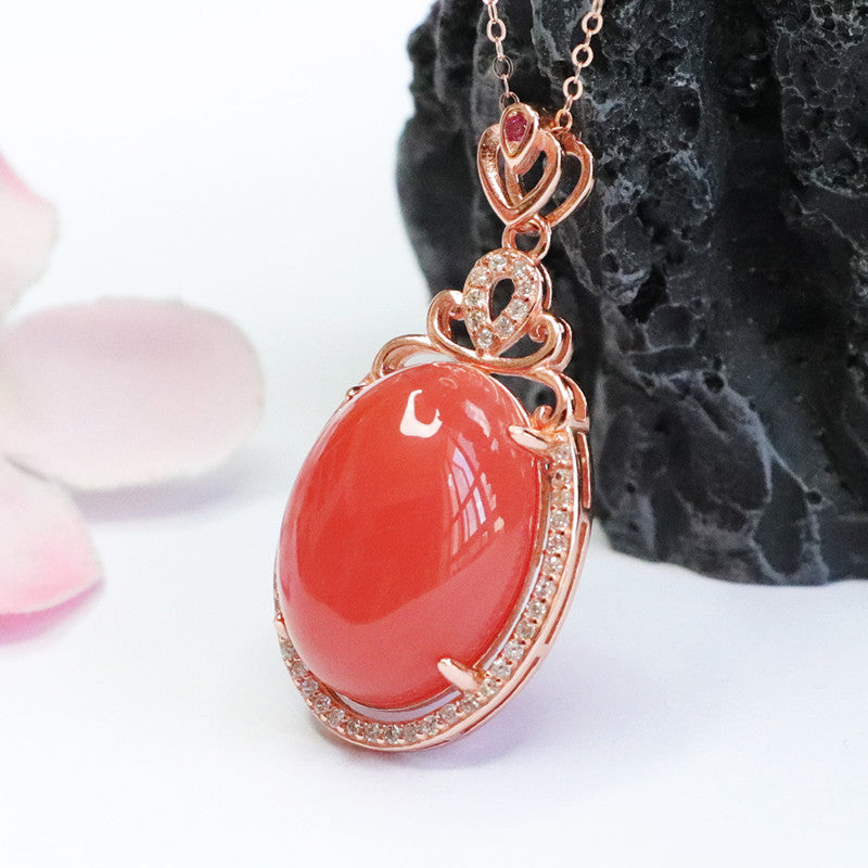 Pigeon Egg Agate Pendant Sterling Silver Necklace with Zircon Detail