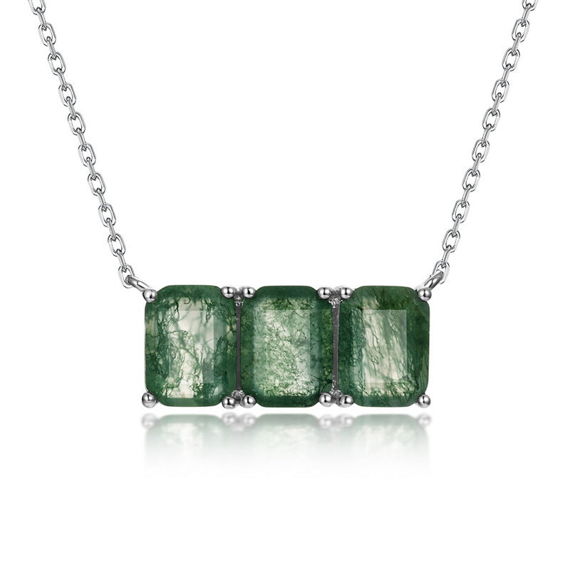 S925 Sterling Silver Moss Agate Geometric Necklace