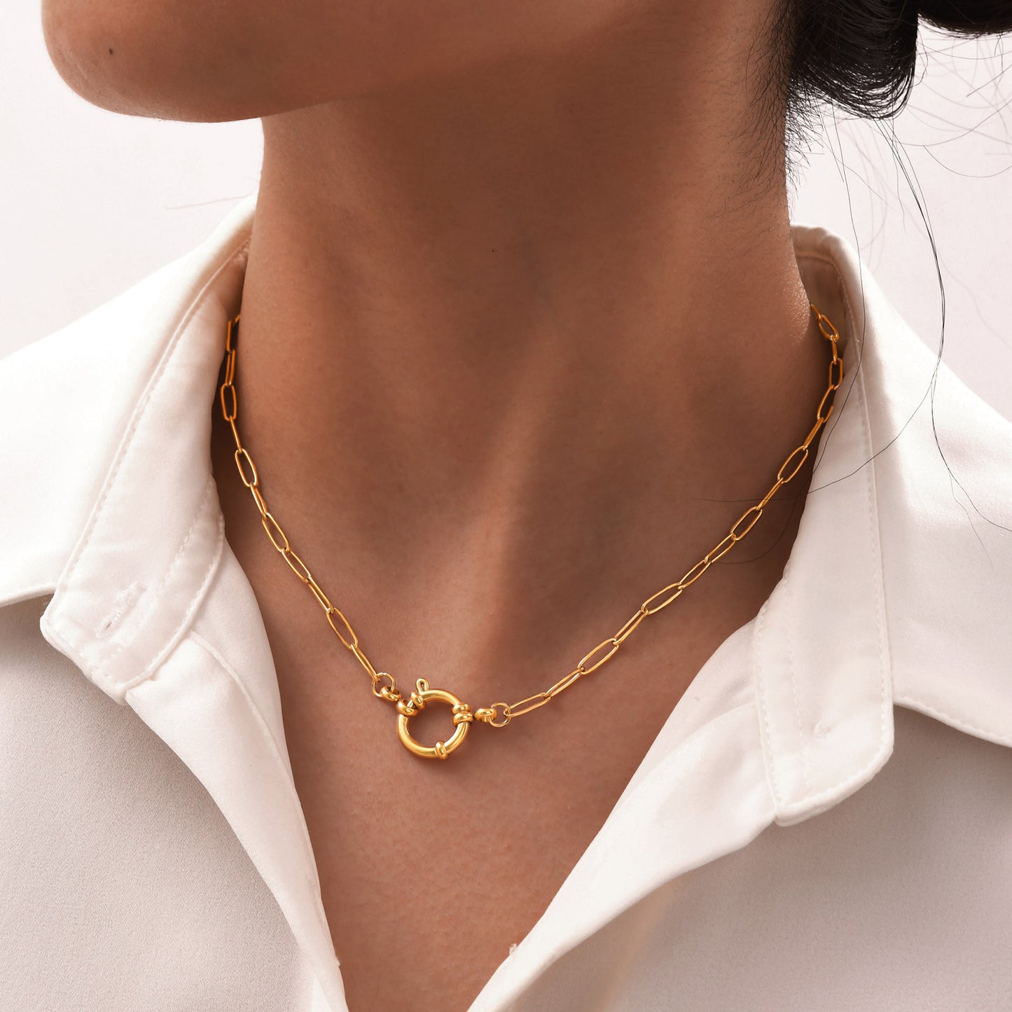 Stainless Steel Rectangle Chain Bubble Buckle Necklace Gold