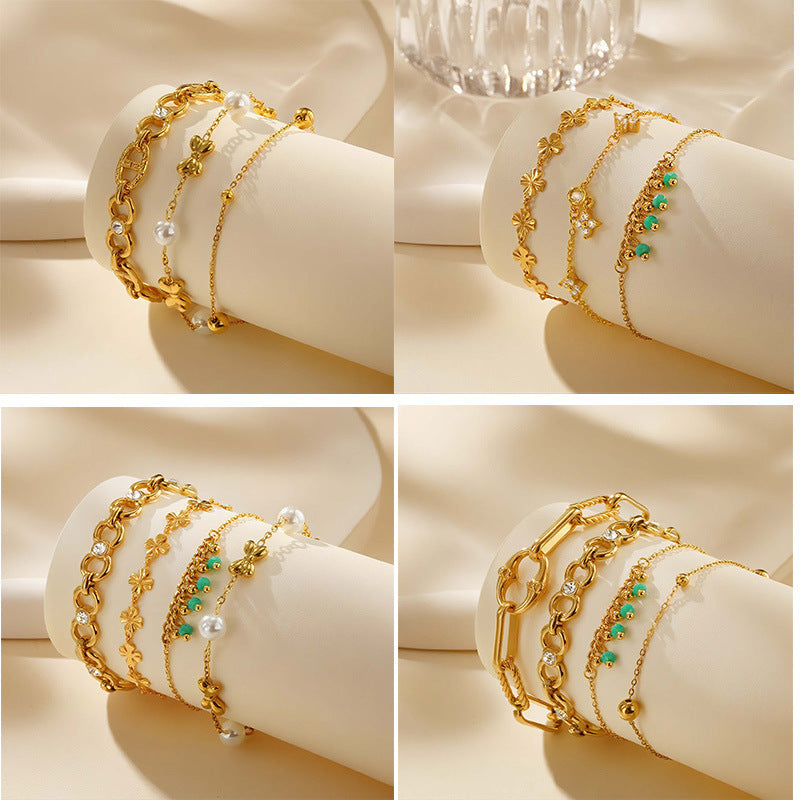Cross Snake Pearl Zircon Stainless Steel Bracelet