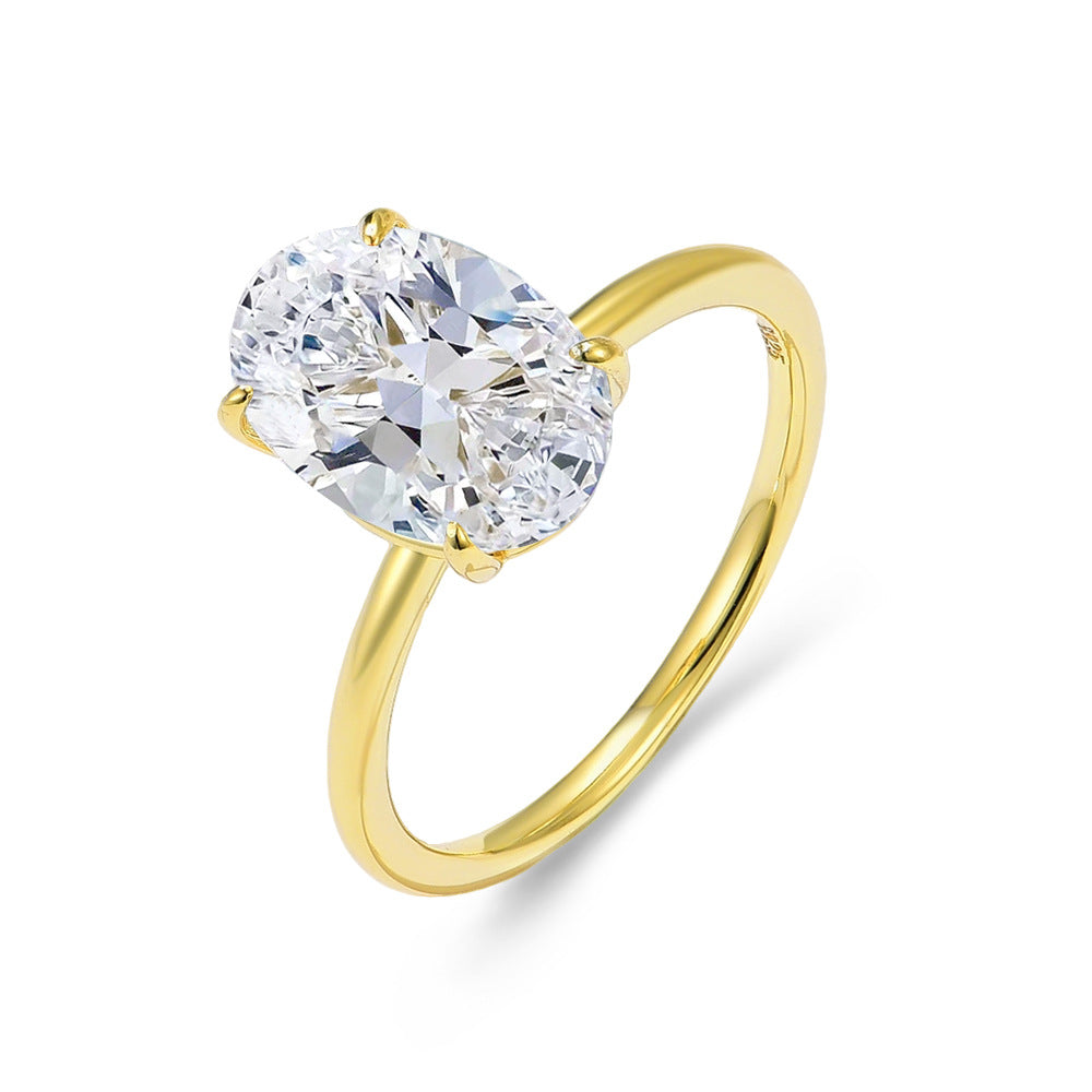 925 Sterling Silver Gold-Plated Simulation Diamond Oval 8 12 Ice Flower Cut Zircon Ring