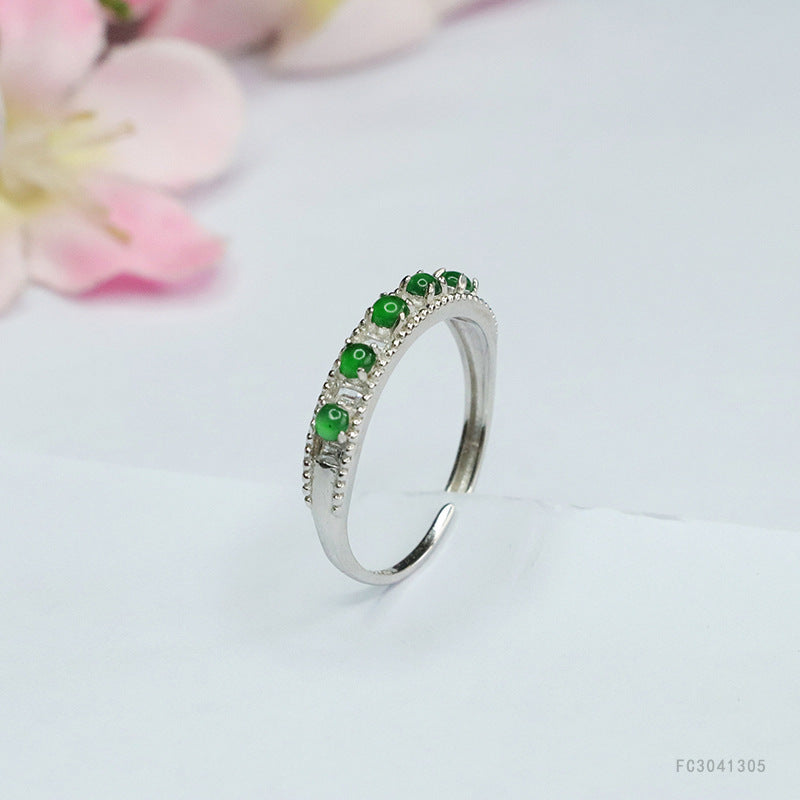 Icy Green Jadeite Row-Set 925 Silver Ring