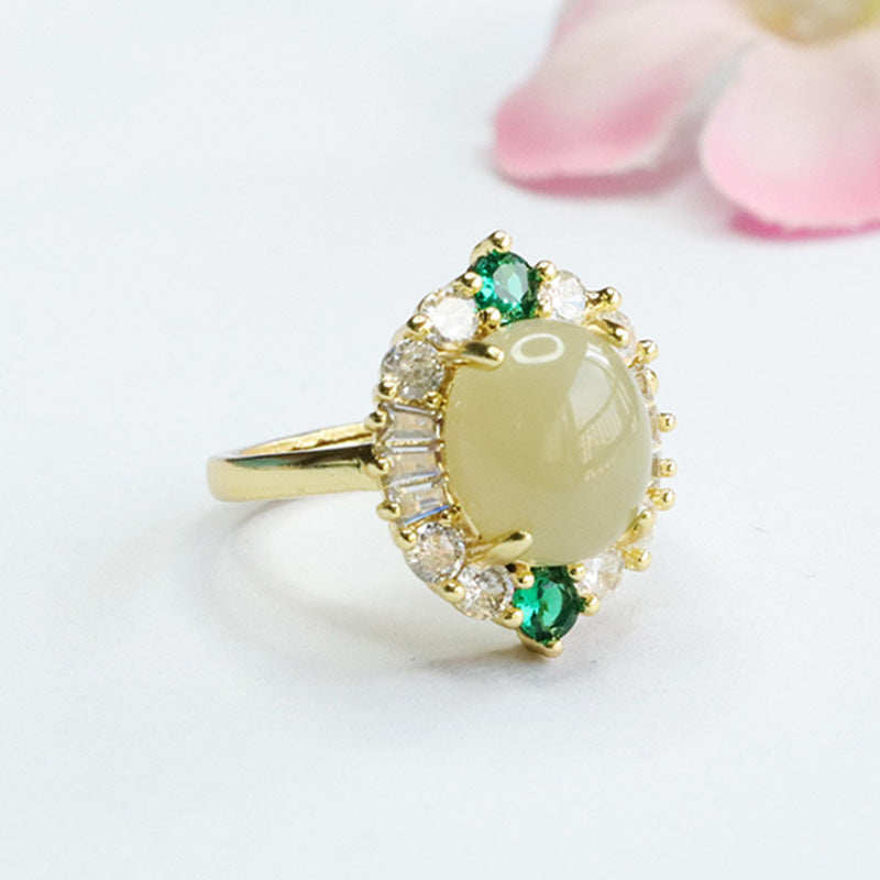 Exquisite Oval Hotan Jade Ring with Luxy Green and White Zircon Halo Features Sterling Silver Craftsmanship Handcrafted for Lasting Beauty and Comfortable Fit.