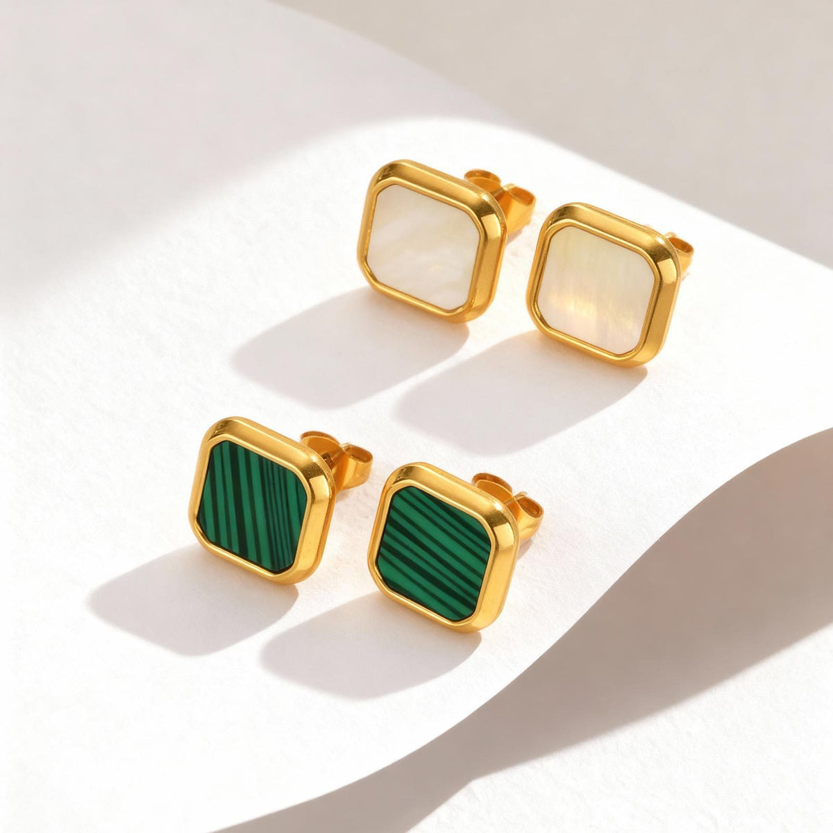 Square Inlay Stud Earrings — White Shell or Malachite