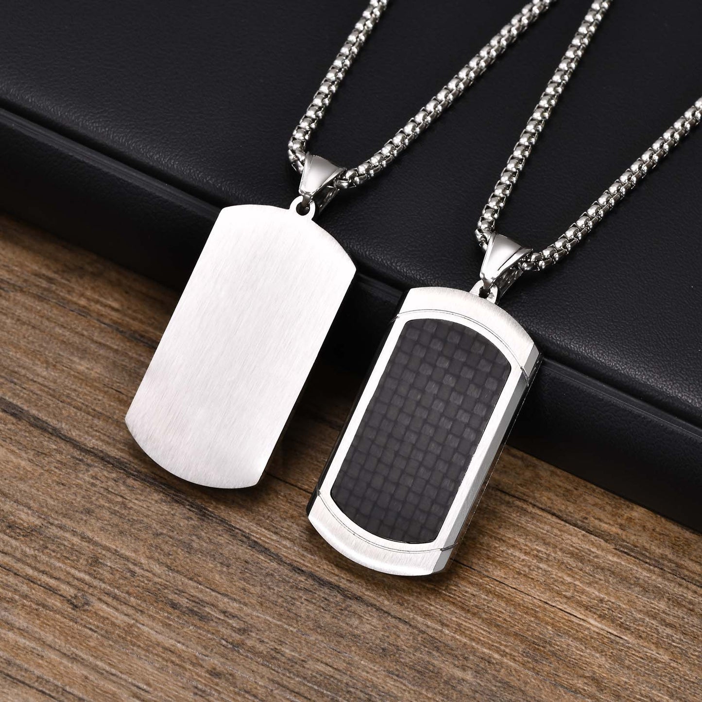 Stainless Steel Carbon Fiber Dog Tag Pendant Necklace Men
