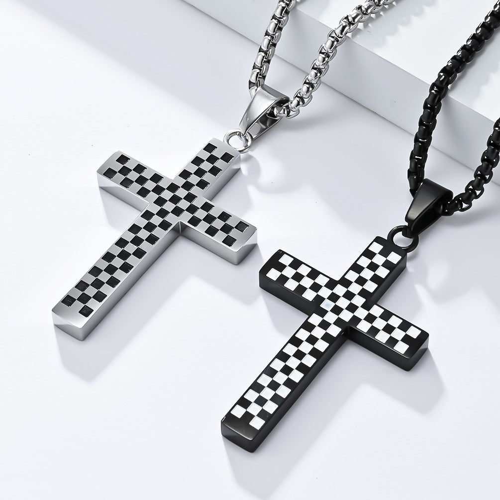 Planderful Titanium Steel Cross Necklace For Men And Women With Black And White Grid Racing Flag Pendant