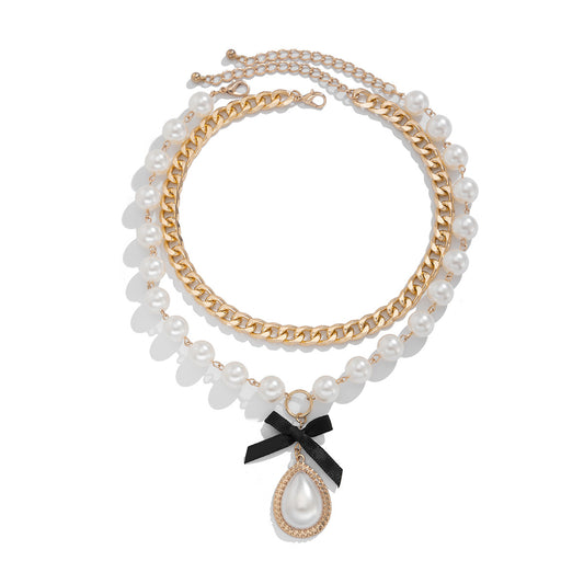 Pearl Bead Bow & Teardrop Layered Necklace