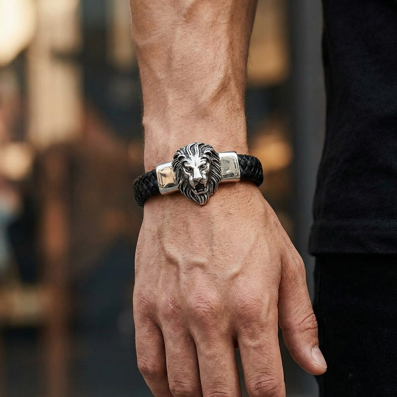 Two-Layer Leather Woven Bracelet – Casting Lion Head Snake Head Ghost Head Titanium