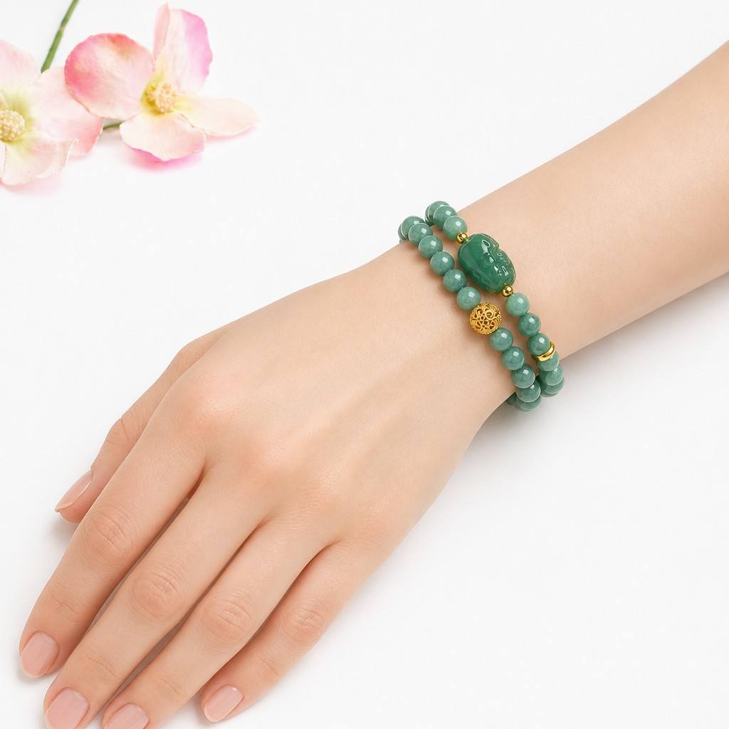 Blue Water Jadeite Pixiu & Double-Wrap Beaded Bracelet