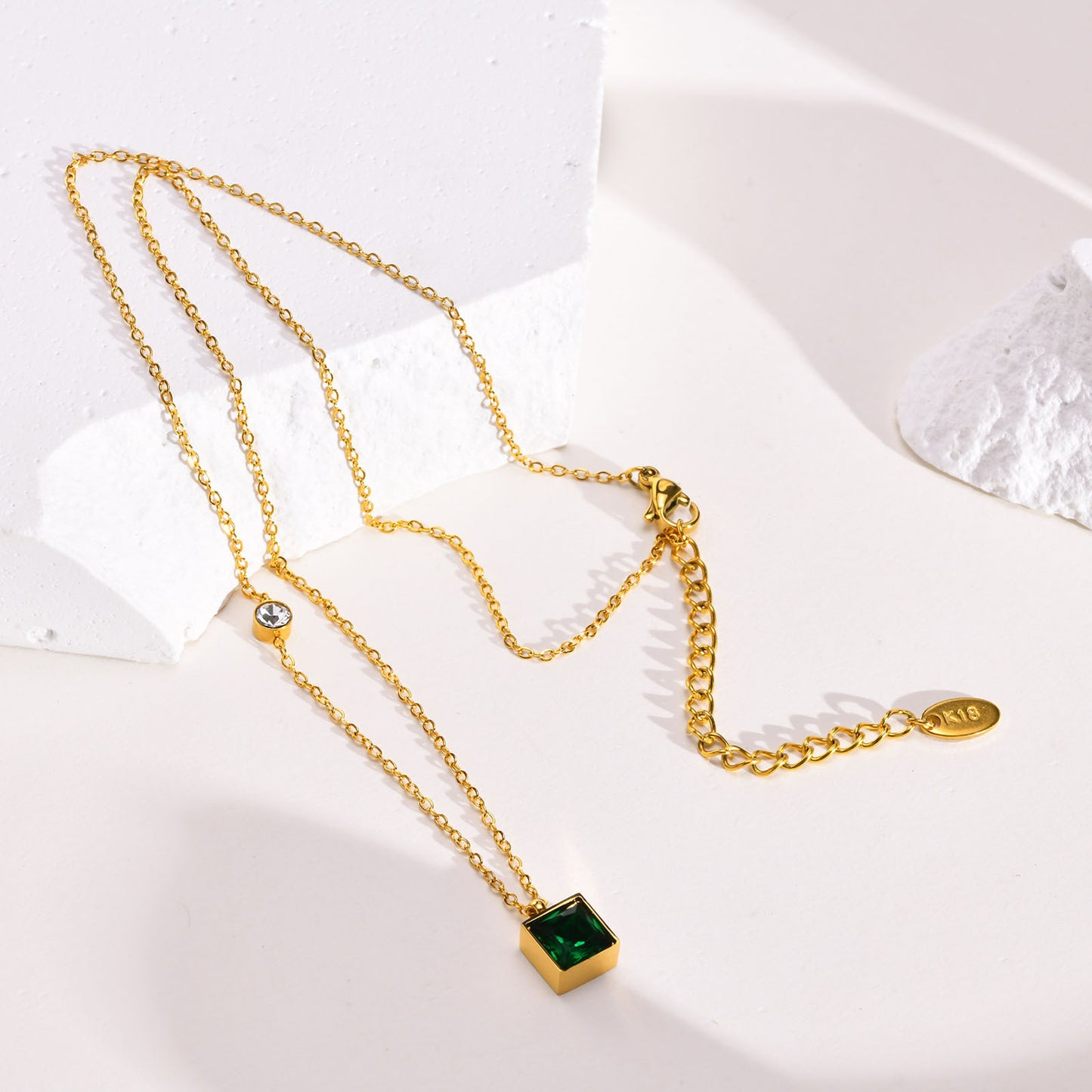 Geometric Necklace Stainless Steel Green Zircon Square Gold Women