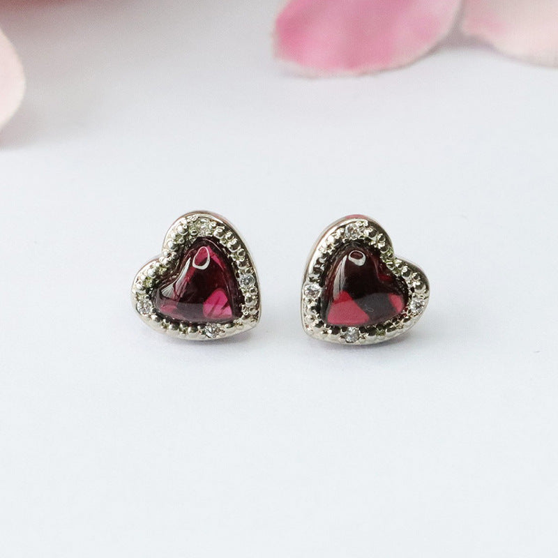Garnet Heart 925 Silver Stud Earrings