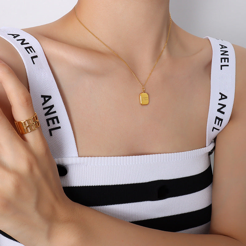 Golden Square Double Letter Pendant Choker Necklace - Women's Titanium-plated Clavicle Chain