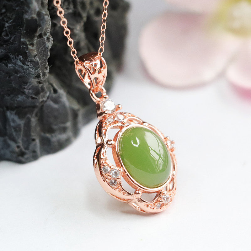 Oval Hollow Flower Edge Necklace Crafted with Natural Hotan Jade
