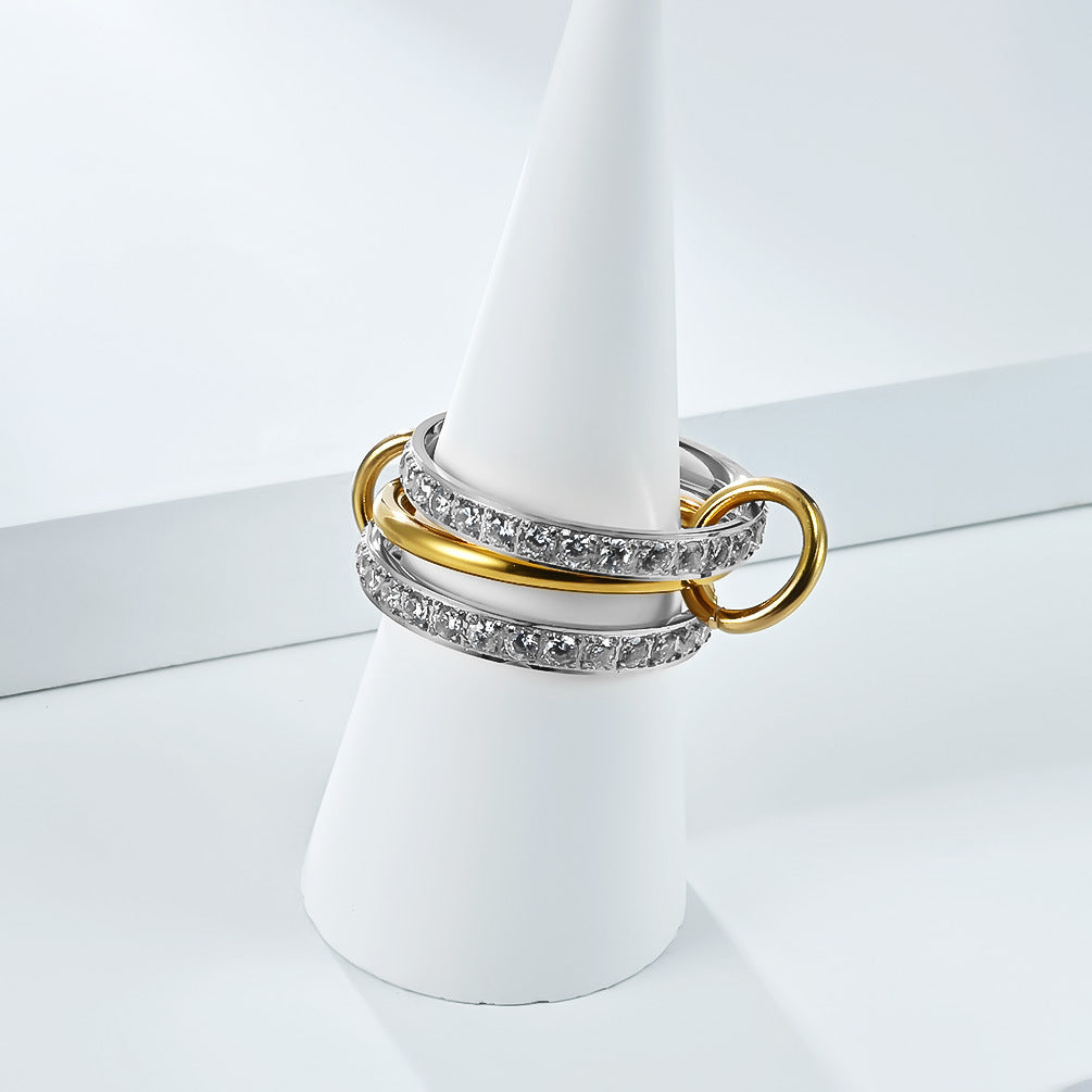 Planderful Three Layer Stacked Ring For Women Titanium Steel 18K Gold Plated Zircon Luxury Jewelry