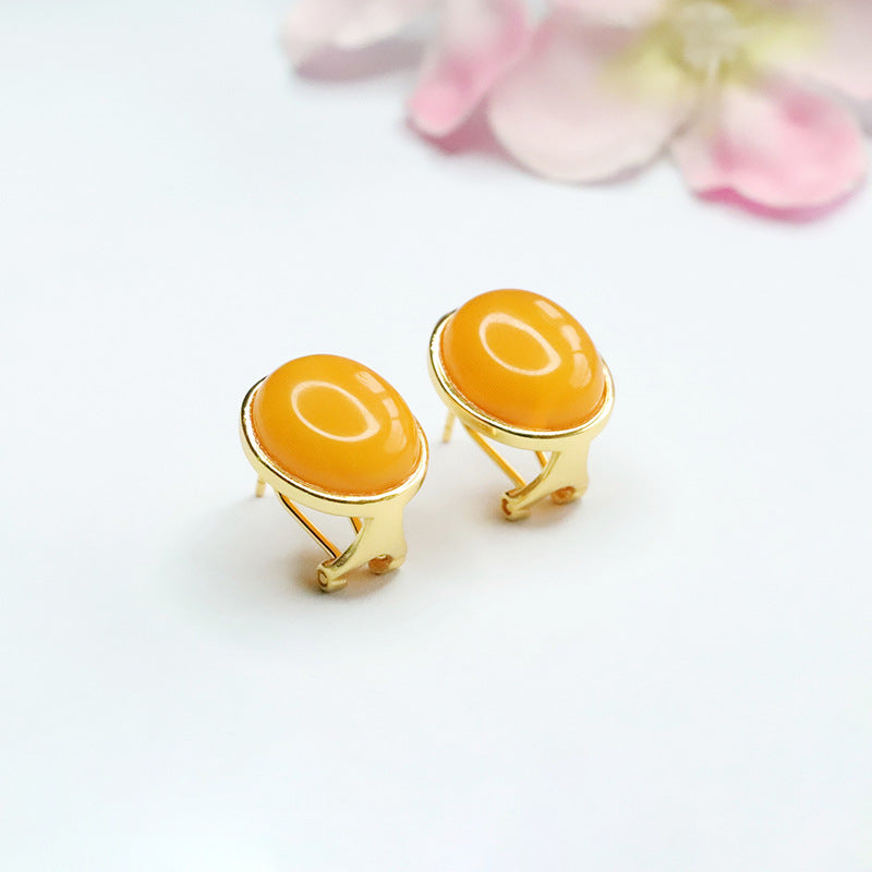 925 Sterling Silver Beeswax Amber Cabochon Stud Earrings