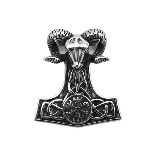 Steel Necklace - Vintage Viking Thor Hammer Pendant with Rune Compass Charm By Planderful