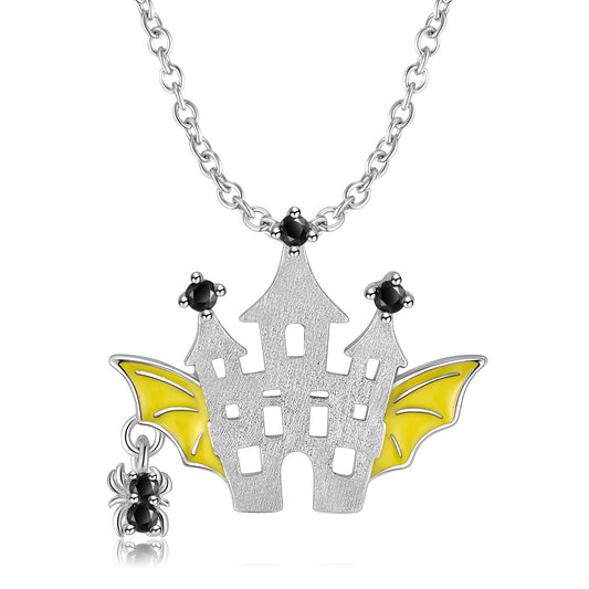 Halloween Cute Style Bat Castle Spider Zircon Silver Necklace