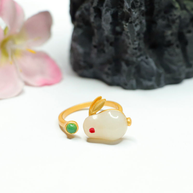 White Rabbit Natural Hotan Jade Sterling Silver Ring