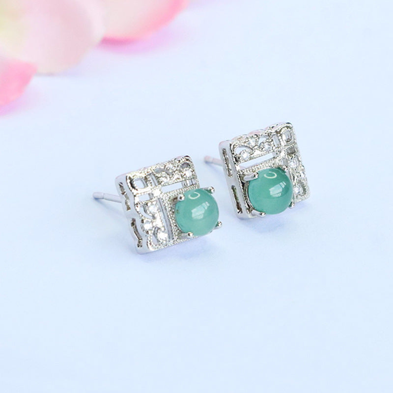 Blue-Water Jadeite Window Motif Stud Earrings