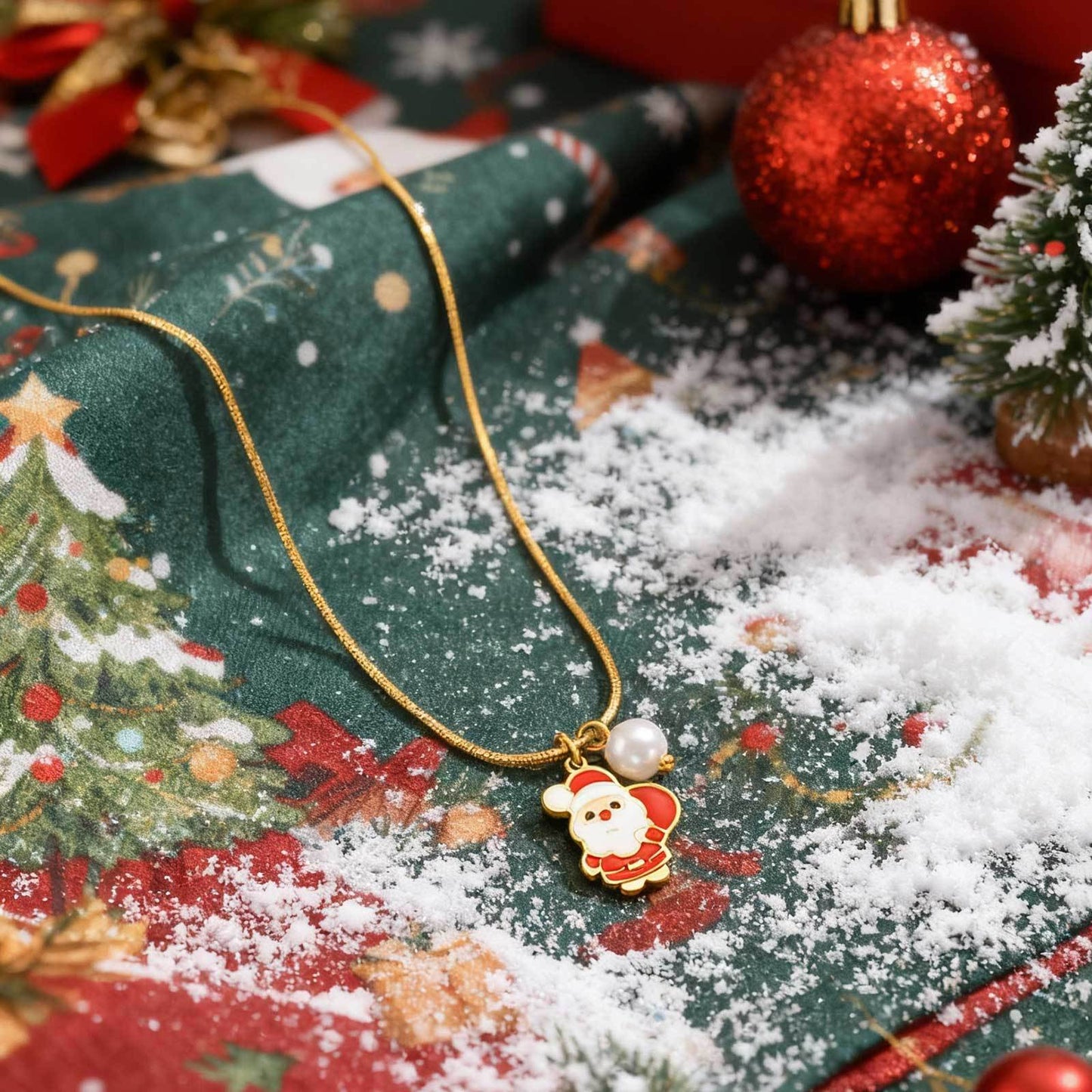 Stainless Steel Christmas Bells Santa Holiday Collection Girl Ornaments Pearl Necklace