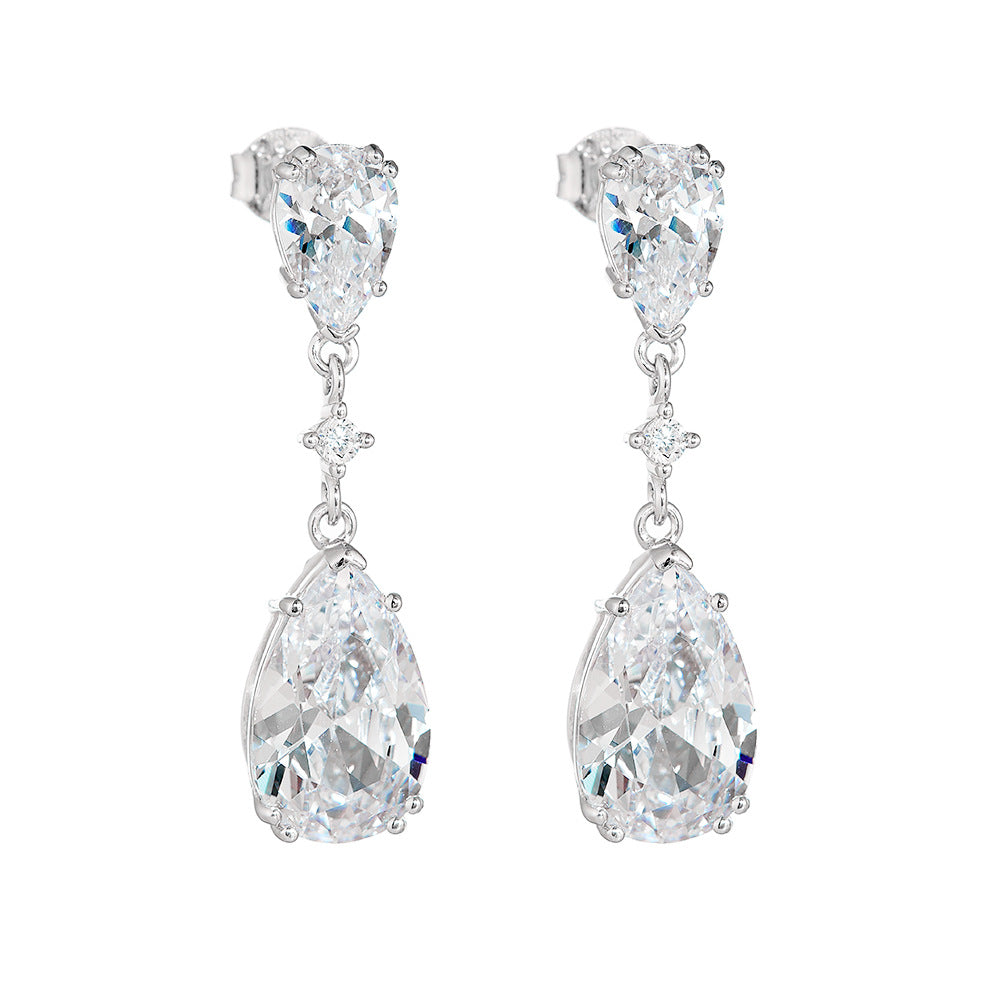 S925 Sterling Silver Water Drop Zircon Earrings, Studs, Luxury Exquisite Geometric Pear-Shaped Long