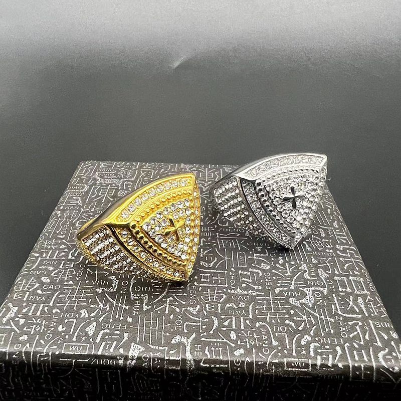 Planderful Hip Hop Ring For Men Stainless Steel Gold Plated Rhinestone Triangular Cross