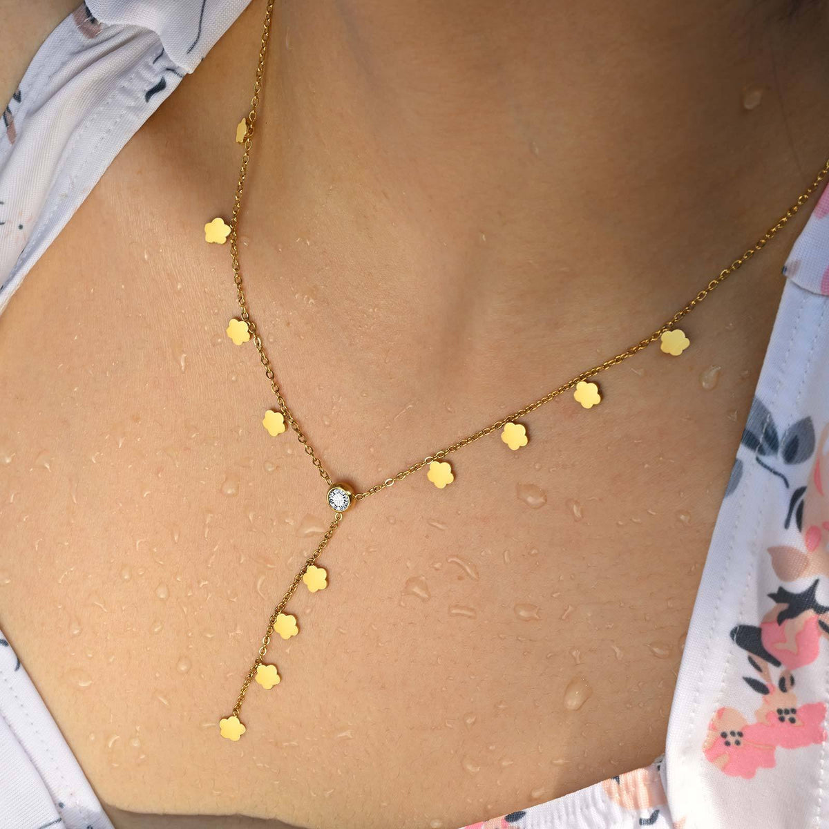 Stainless Steel Zircon Floral Necklace
