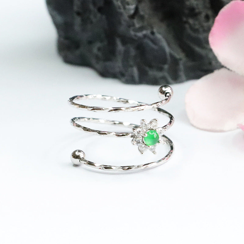 Sterling Silver Adjustable Ice Green Jade Sun Ring