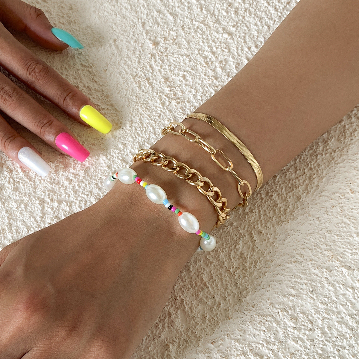 Planderful Elastic Pearl Bracelet With Imitation Beads Cross Chain Detail Edgy Punk Style For Women