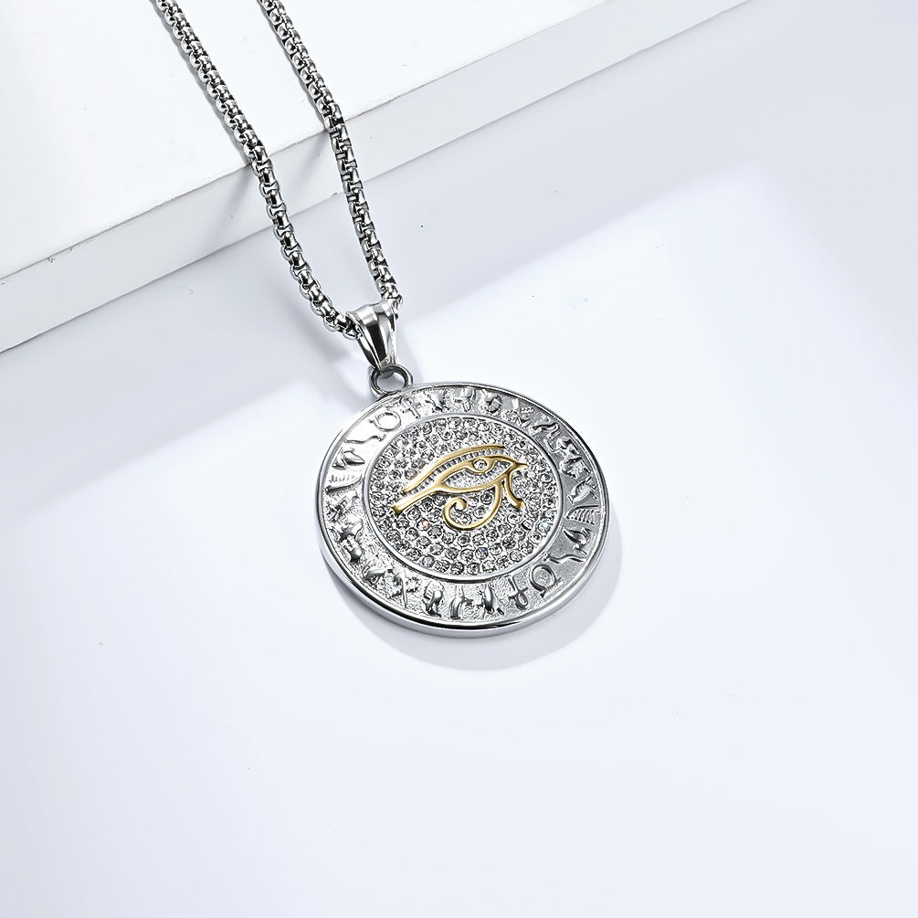 Eye Of Horus Necklace By Planderful Zircon Studded Ankh Symbol Jewelry In Titanium Steel For Hip Hop Fashion Fans