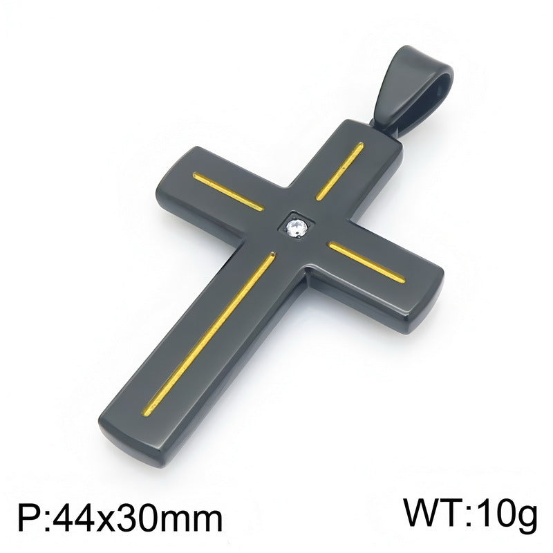Popular Slotted Line Zircon Cross Titanium Steel Pendant Retro Contrasting Color Stainless Steel Necklace