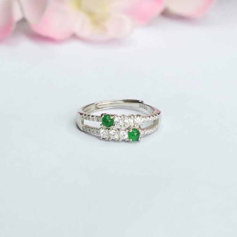Sterling Silver Adjustable Ice Emperor Green Jade Zircon Ring