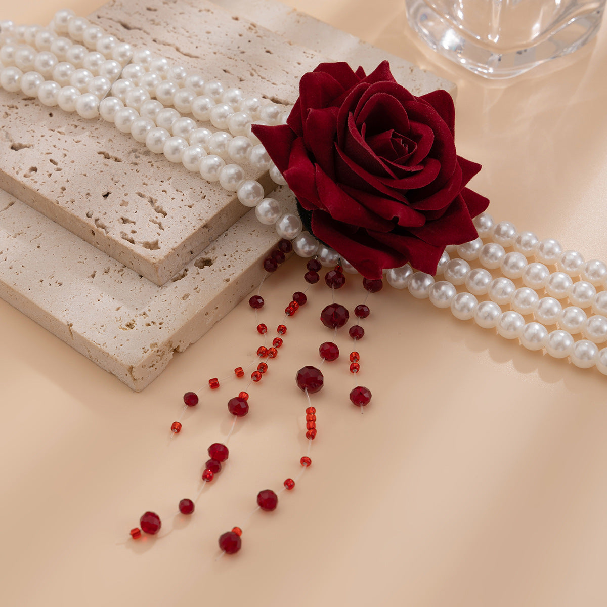 Gothic Pearl Rose Fringe Necklace