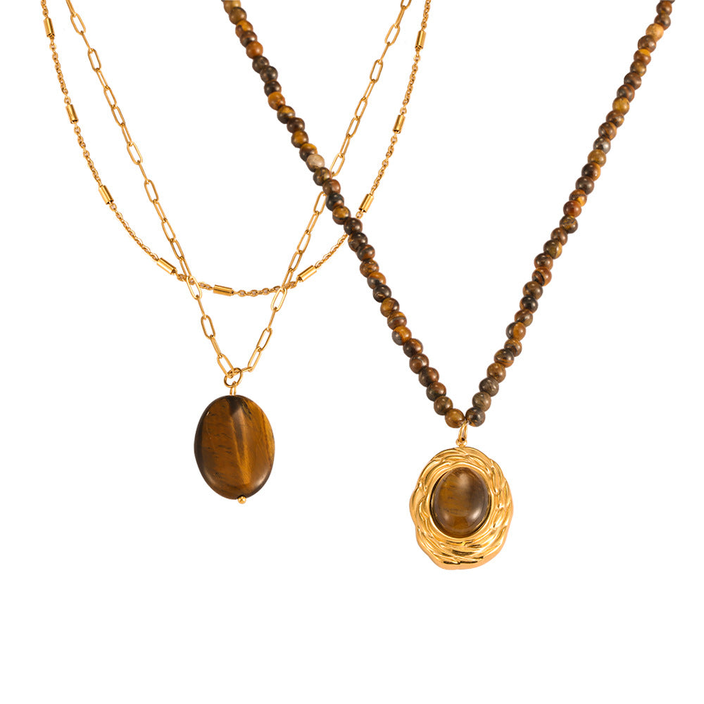 Tiger Eye Stone Geometric Bead Necklace in Gold-Plated Titanium Steel