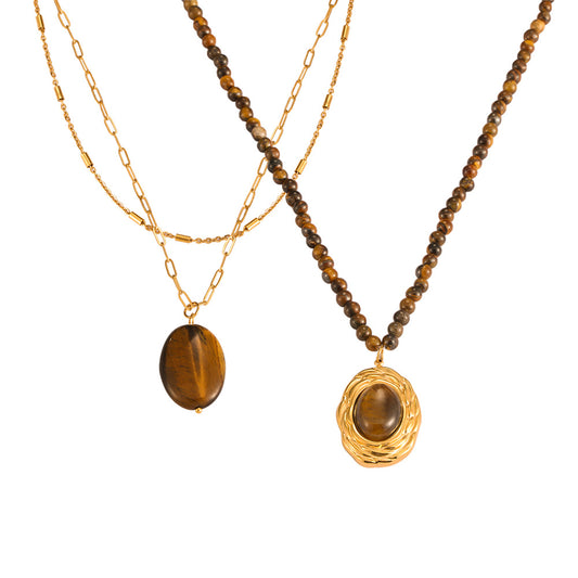 Tiger Eye Stone Geometric Bead Necklace in Gold-Plated Titanium Steel