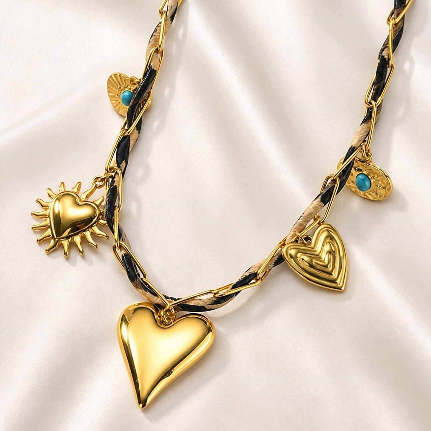 Stainless Steel Multi-Combination Love Natural Stone Leopard Print Woven Rope Necklace