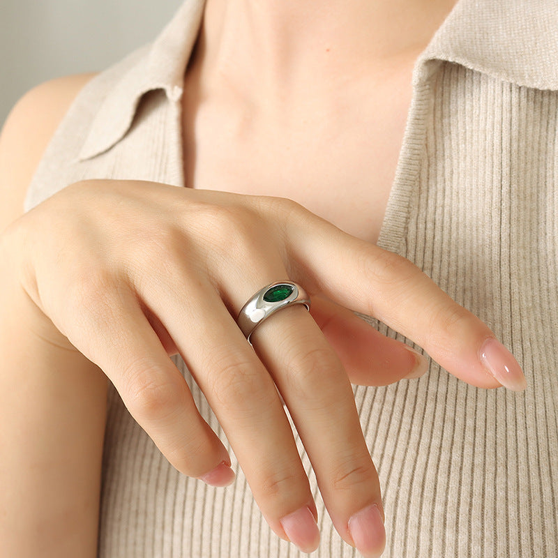 Emerald Zircon Ring - Chinese Style Titanium Steel Jewelry
